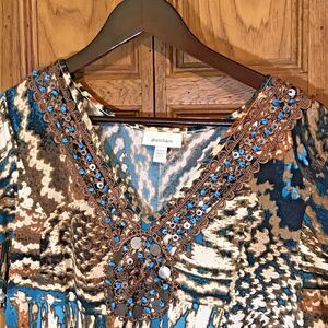 Dress Barn Turquoise Beaded Boho Asymetric Hem Tunic Women's 18/20 Stretch Top